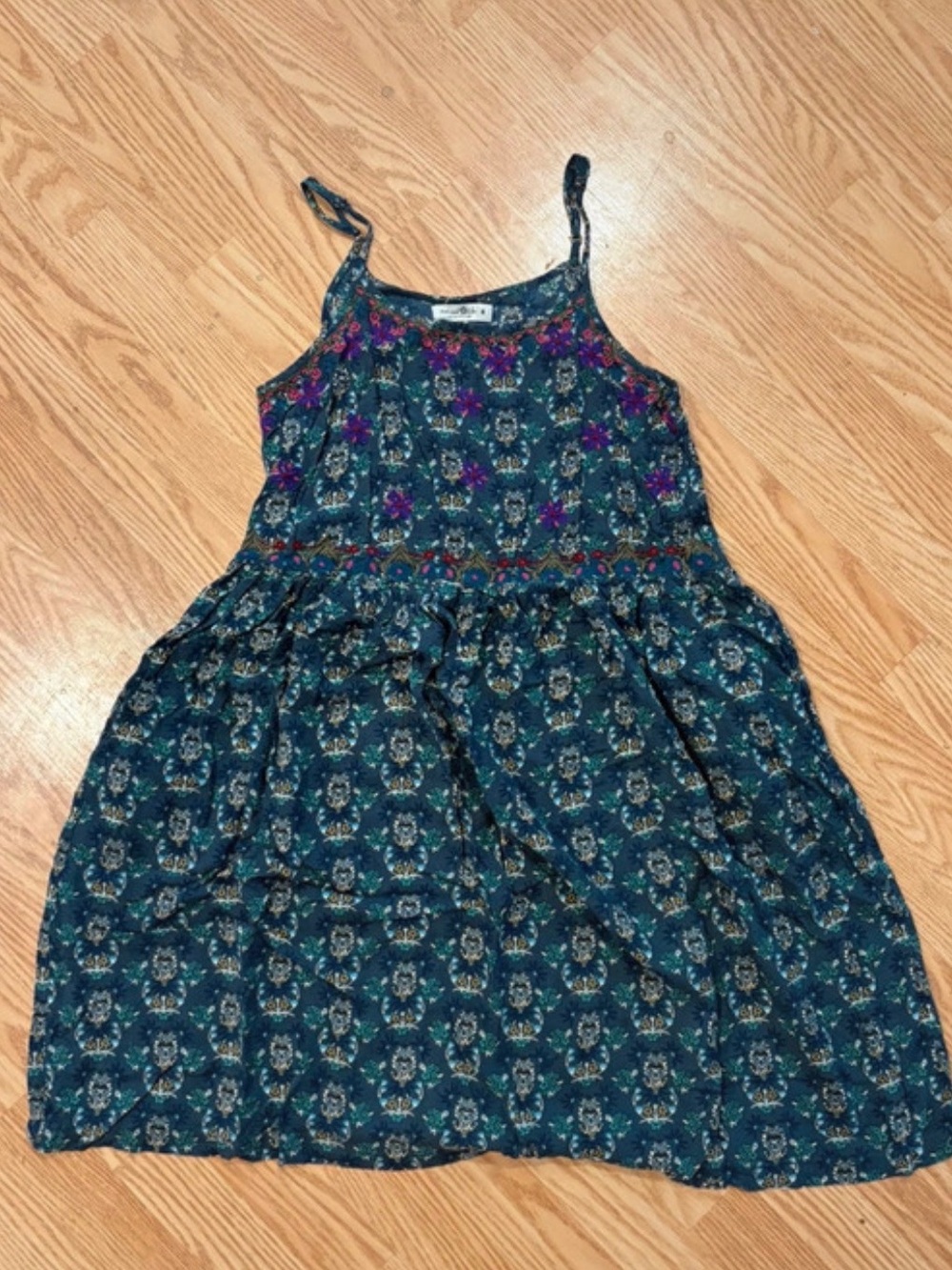 NATURAL LIFE Embroidered Teal Floral Sundress with Purple Accents